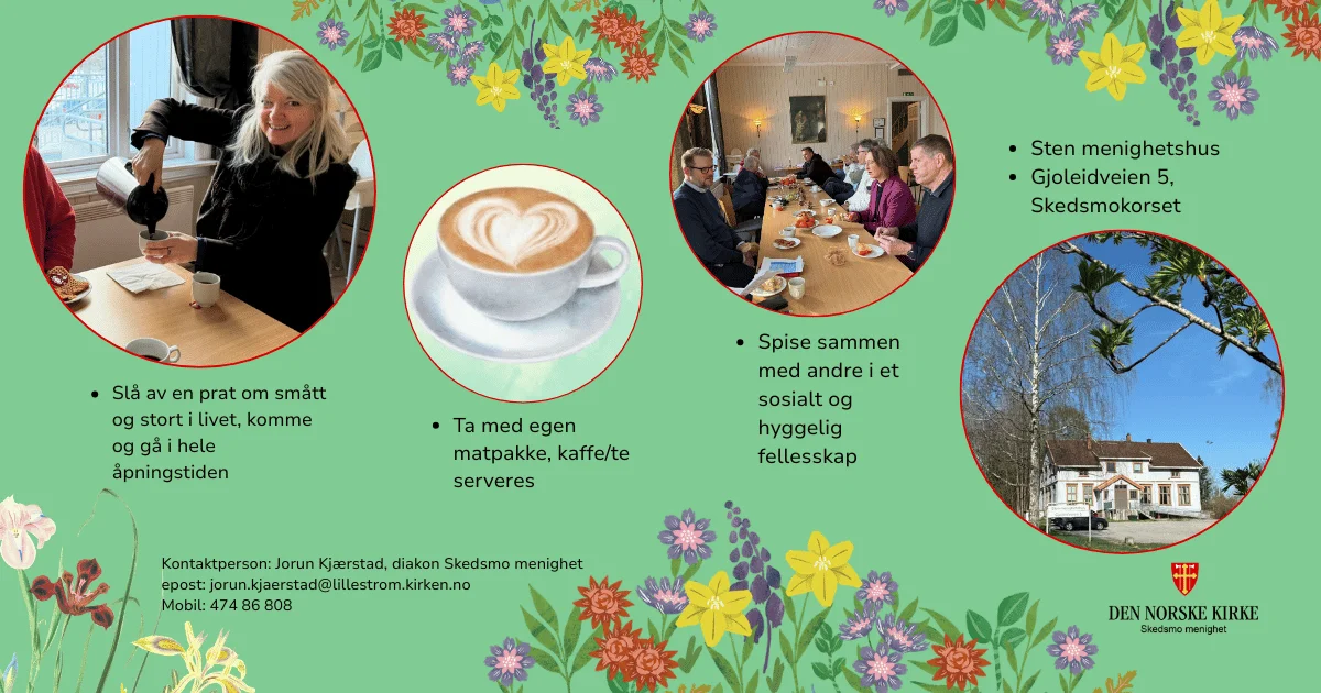 Matpakkelunsjen - et diakonalt åpent møtested for alle i alle aldre. Komme og gå i hele åpningstiden. Livssynsåpent. Gratis kaffe/te., 03.09.2026 10:00:00 fra 10.00 til 12.30