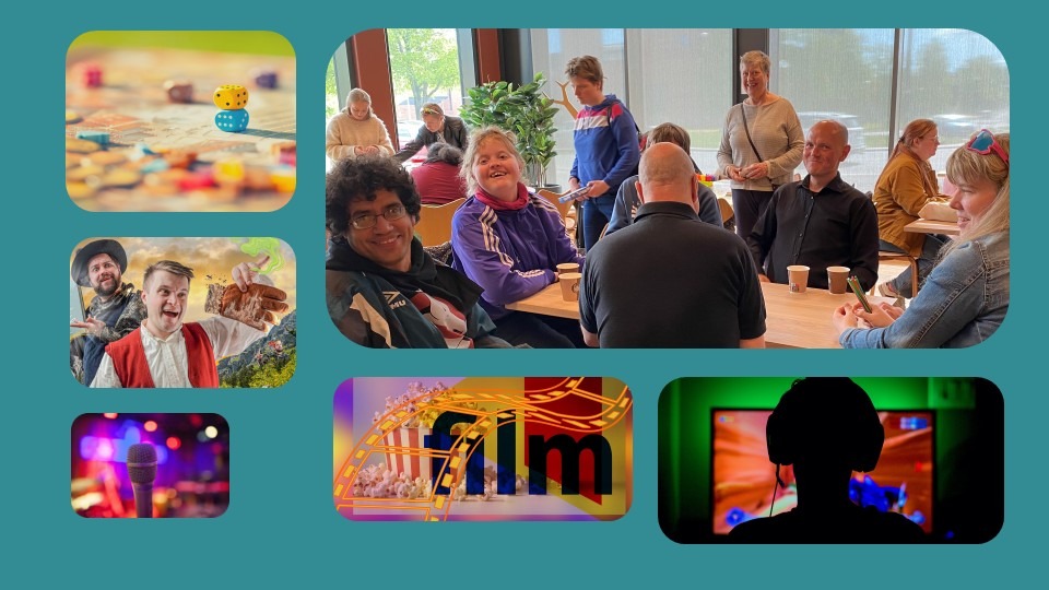 Bilde: mennesker rundt et bord, spill, film, mikrofon